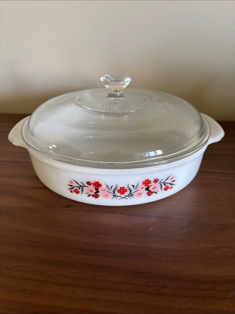 Fire King Primrose round casserole dish.  8" and 2" high